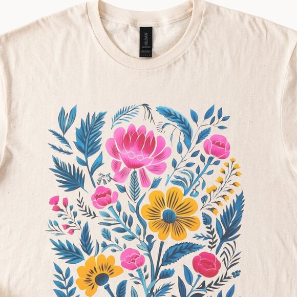 Botanical Floral Shirt Colorful Flower Art Graphic Tee Pink Yellow Blue Nature D - Picture 2 of 6